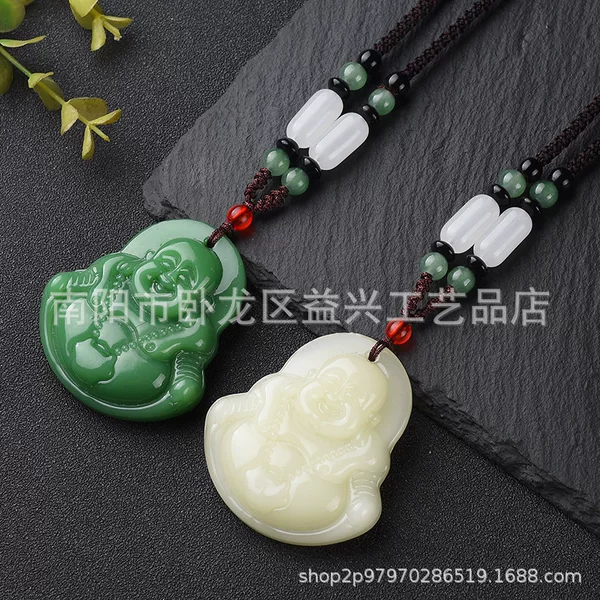 Imitation Hetian Jade Maitreya Buddha Pendant Necklace for Men and Women, Chinese Style Jade Accessory