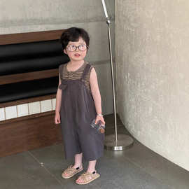 蒙田童裤2025新款夏季中小童麻棉透气背带裤男女童森系工装连体裤