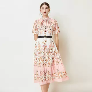 速卖通时尚欧美女装 2024年秋夏收腰蝴蝶结绑带修身短袖印花连衣