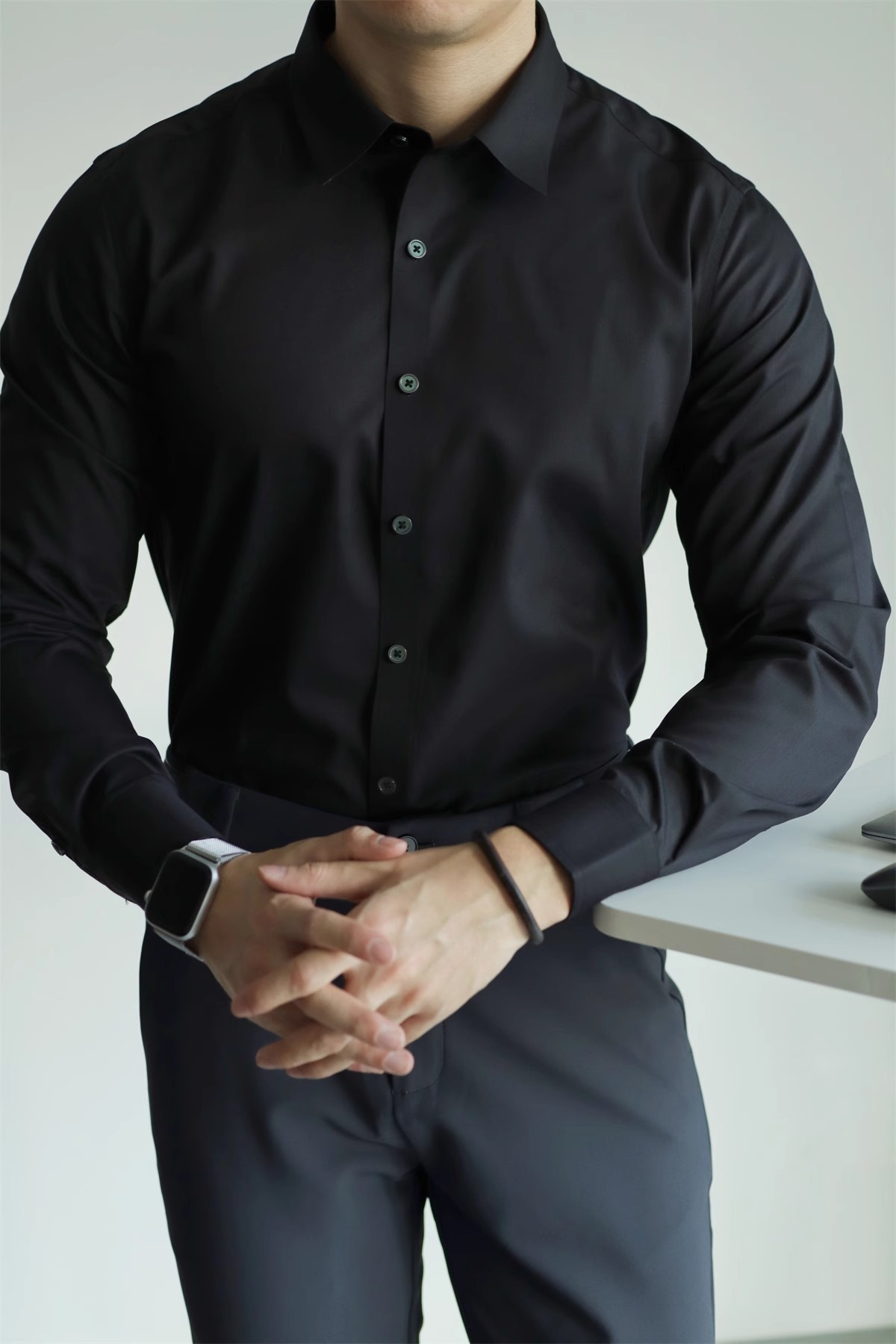 Abbigliamento da uomo, non stirabile, tinta unita, tecnologia nera a tre strati, senza cuciture, in fibra di bambù, a maniche lunghe, per il tempo libero, per lavoro, vestibilità comoda e aderente._voghion.com