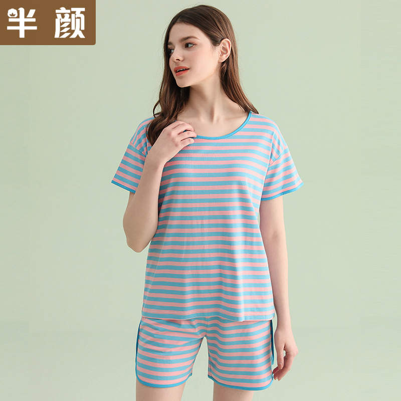 Brand Factory Outlet Summer Sweet Girls Super Soft Knitted Model Cotton Striped Short Sleeve Shorts Pajamas Home Clothes