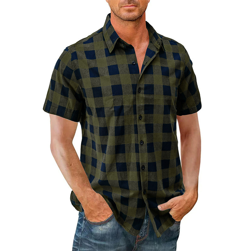 Cross-Border Men's Casual Hawaiian Shirts Foreign Trade Men's Short-Sleeved Shirts Men's Shirts Wholesale European and American Plaid Shirts