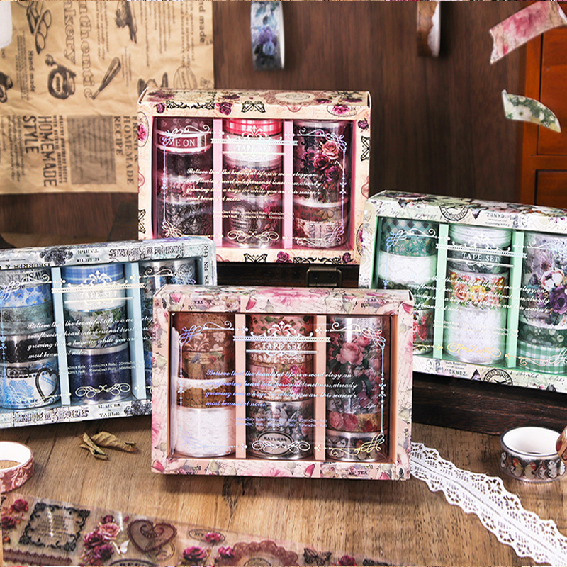 Explosiones transfronterizas de 12 rollos retro y papel conjunto de cinta adhesiva decoración DIY pegatinas de cuentas de mano decoración pegatinas de material de base