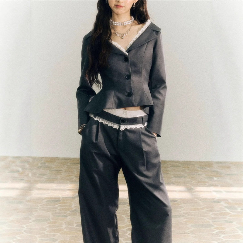 One-Shoulder Gray Suit Jacket for Women Autum New Waist Slimming Look Suit/Pants Suit