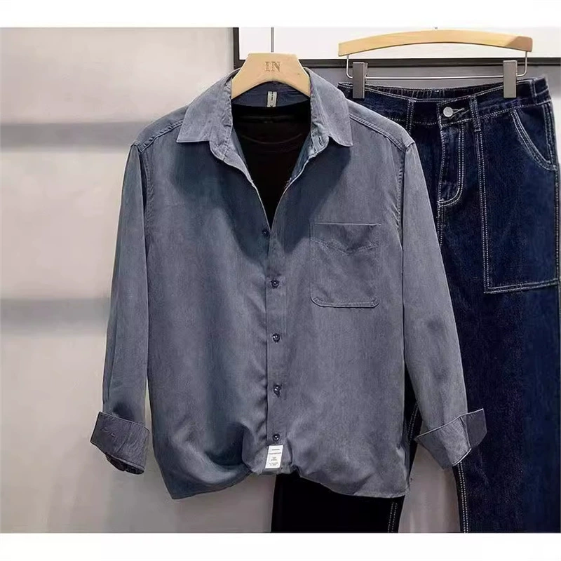 Свободный дикий простой сплошной цвет повседневная рубашка куртка 2024 летом новый красивый молодой мальчик с длинными рукавами