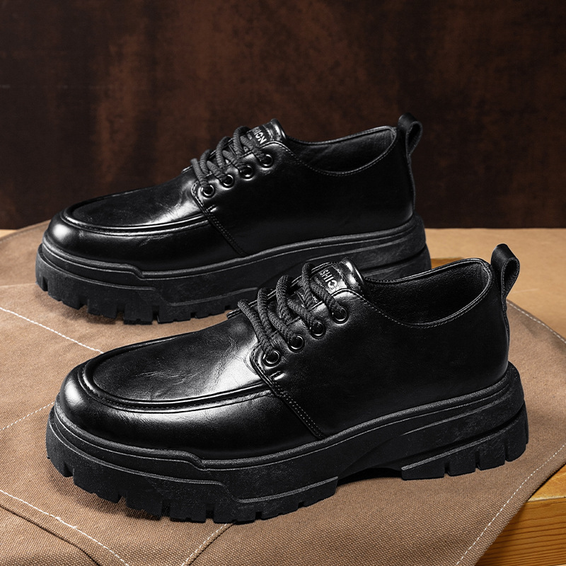 2025 Autumn Men's Thick-Soled College Style Martin Shoes Trendy College Students' Matching Suit Formal Leather Shoes Pure Black