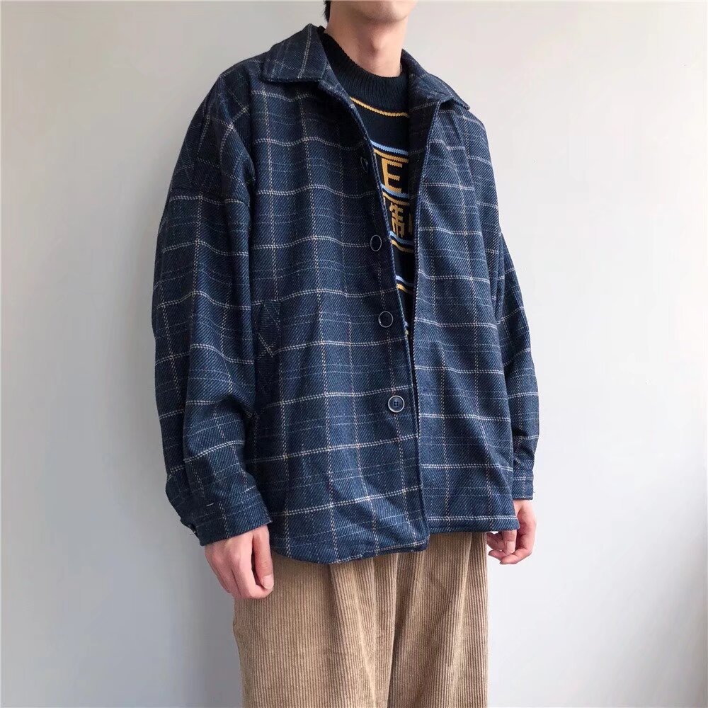 Woolen Plaid Jacket For Men, Loose, Trendy, Retro, Casual, Versatile, Student Top, Workwear Jacket_voghion.com