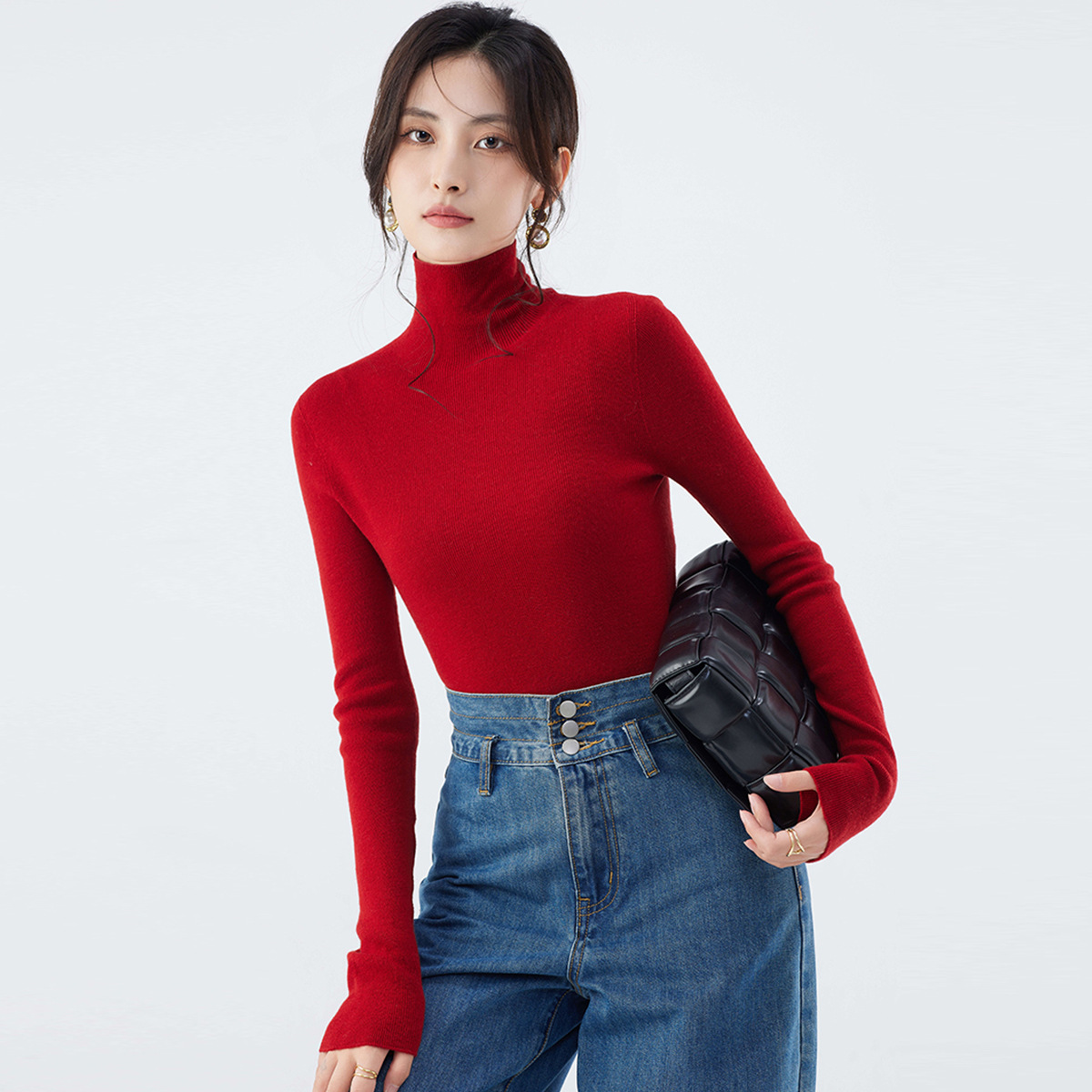 洗濯機で洗えるシームレス18針精編ニットベースレイヤー100%ピュアファインウールセーター女性用秋冬ハイネックセーター