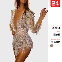 2025跨境欧美外贸新款女装 wish亚马逊跨境性感亮片流苏深V超短裙