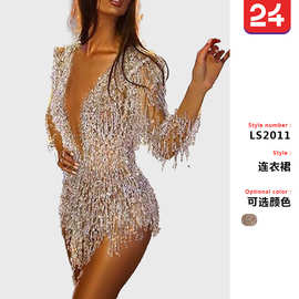 2025跨境欧美外贸新款女装 wish亚马逊跨境性感亮片流苏深V超短裙