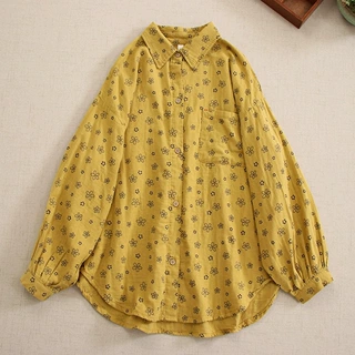 日系森女文艺印花棉质双层纱长袖衬衫宽松大码百搭柔软亲肤棉上衣
