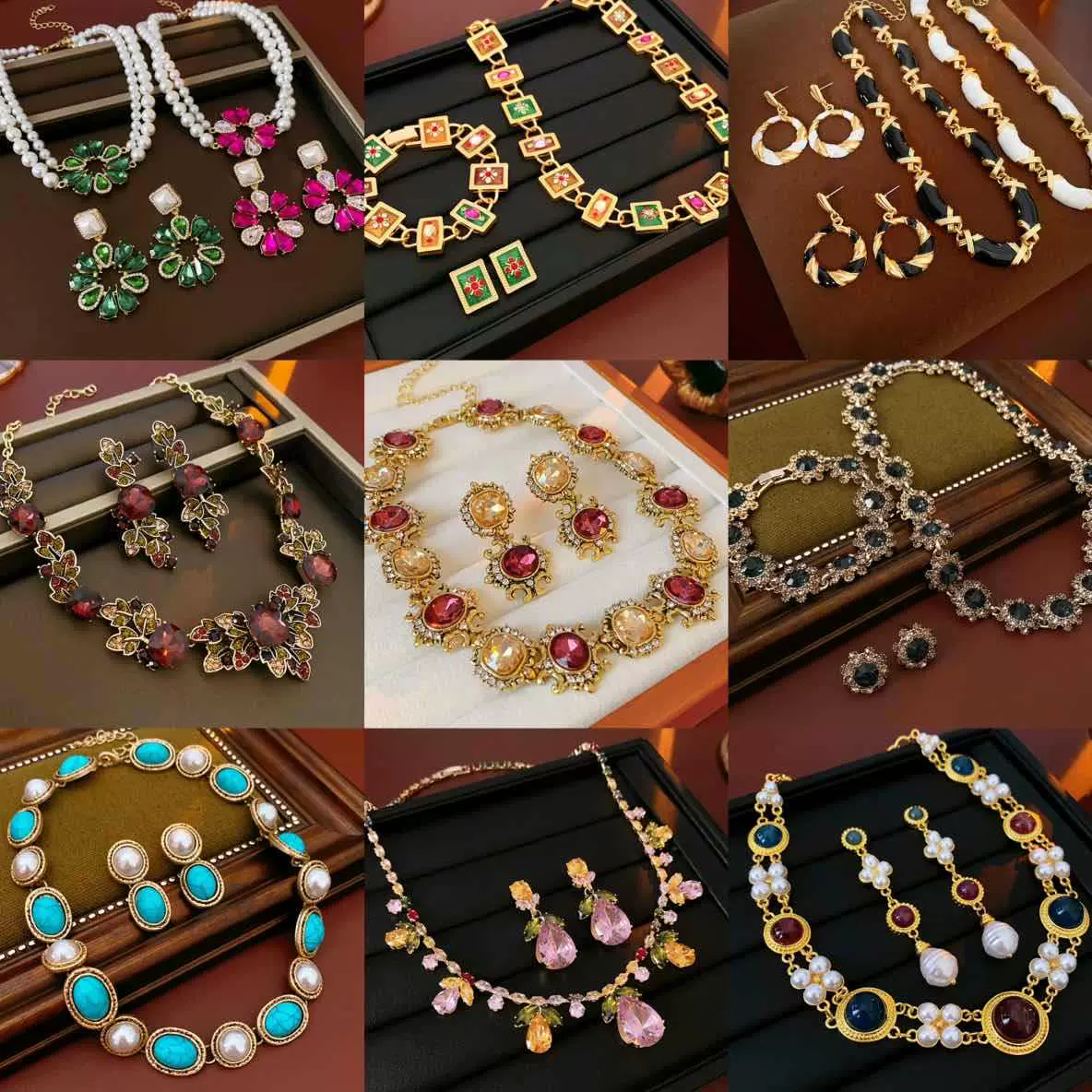 中古vintage镶钻花朵耳环项链套装轻奢高级感锁骨链宫廷风项饰女