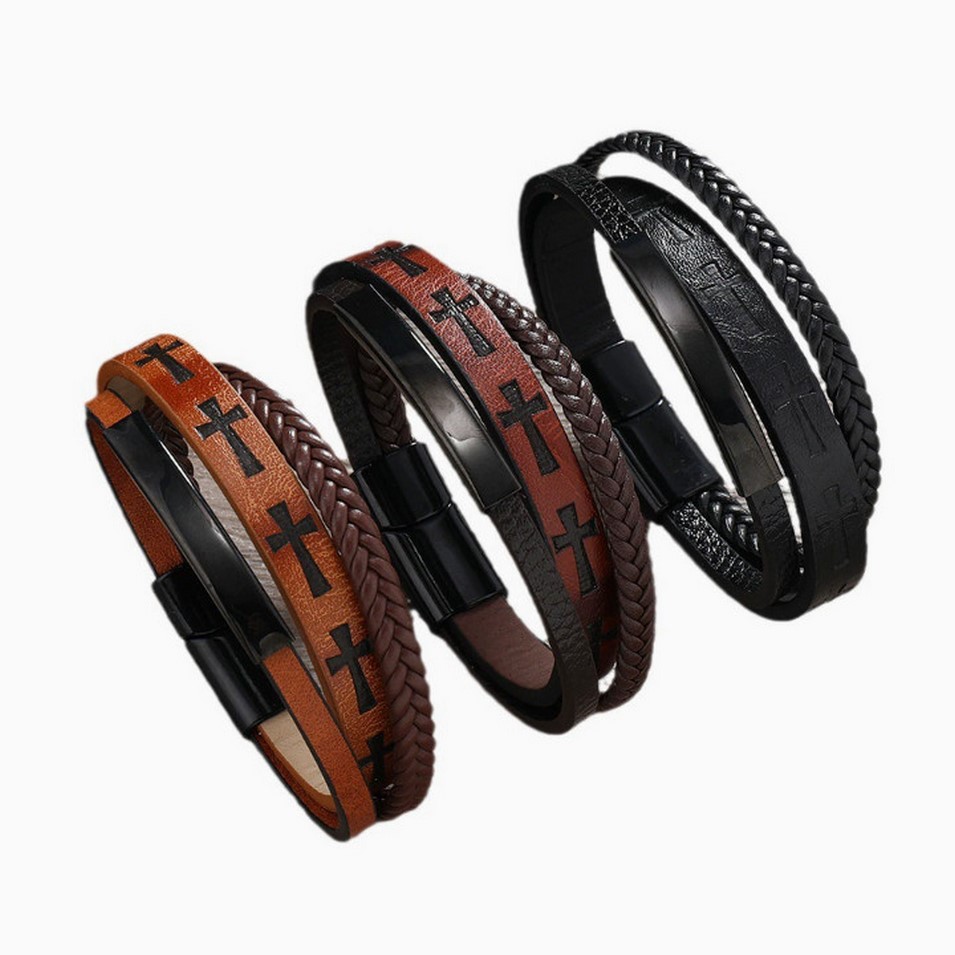 2025 Cross-Border Hot Selling Retro Magnetic Buckle Bracelet Men's Leather Hand-Woven Cross Bracelet Manufacturer Wholesale