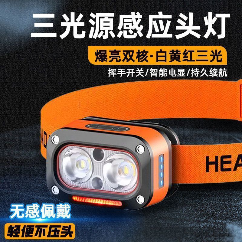 Cross-Border New Model Headlamp with Three Light Sources, Strong Light Sensor Headlamp, USB Charging, Outdoor Night Running Led Lighting Headlamp