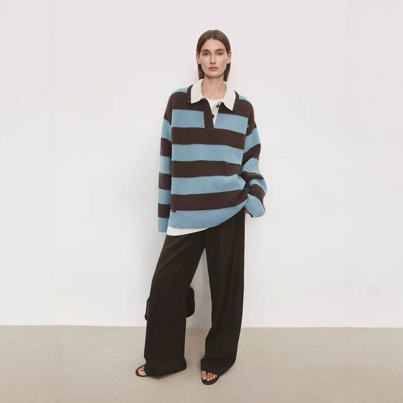 Row Contrast Stripesd Polo Collar Sweater Women's Winter Lazy Plus Size Women's Pullover Retro Jacket Top