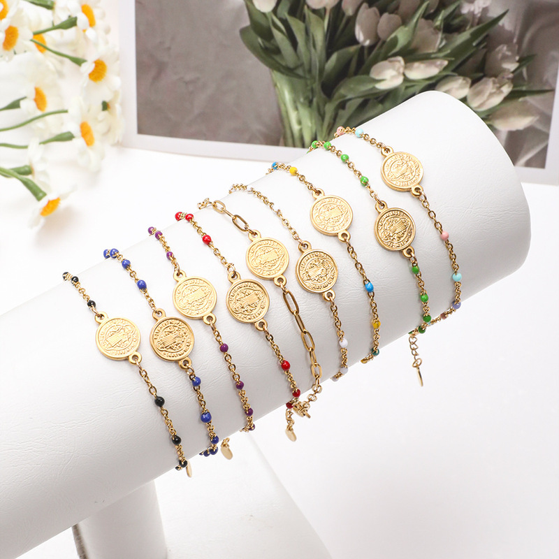 Cross-border exclusive original coin tag stainless steel bracelet non-fading European and American niche oil dripping colorful rice bead bracelet