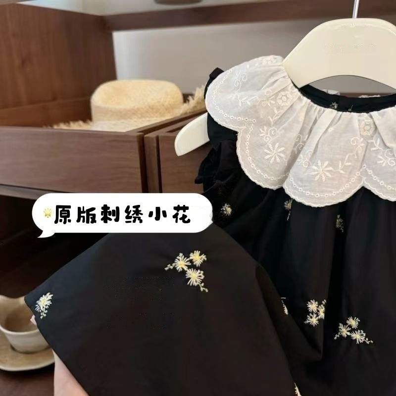 Limón salado siete ropa para niños 2025 verano nuevo estilo bordado cuello de hoja de loto vestido floral negro falda chaleco sin mangas para niñas