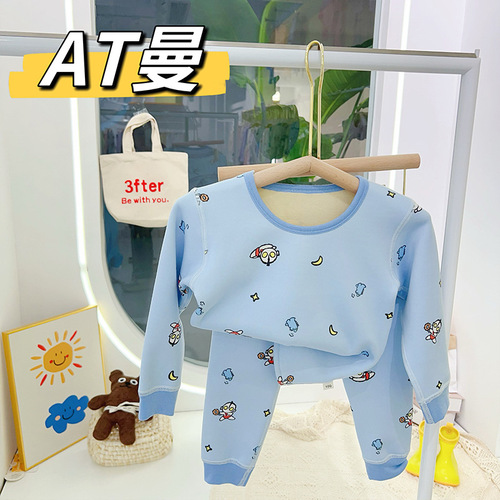One-piece children's warm padded innerwear set with milk silk and cherry blossom fleece, suitable for both boys and girls, factory wholesale.
