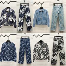 跨境外贸正确版驴家棋盘格字母logo提花牛仔外套裤子男女同款套装