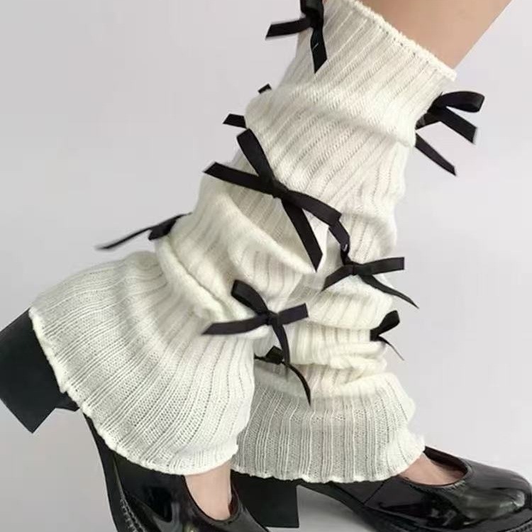 秋冬针织小腿袜子女纯欲白色堆堆腿套女y2k芭蕾风白色蝴蝶结袜套|undefined