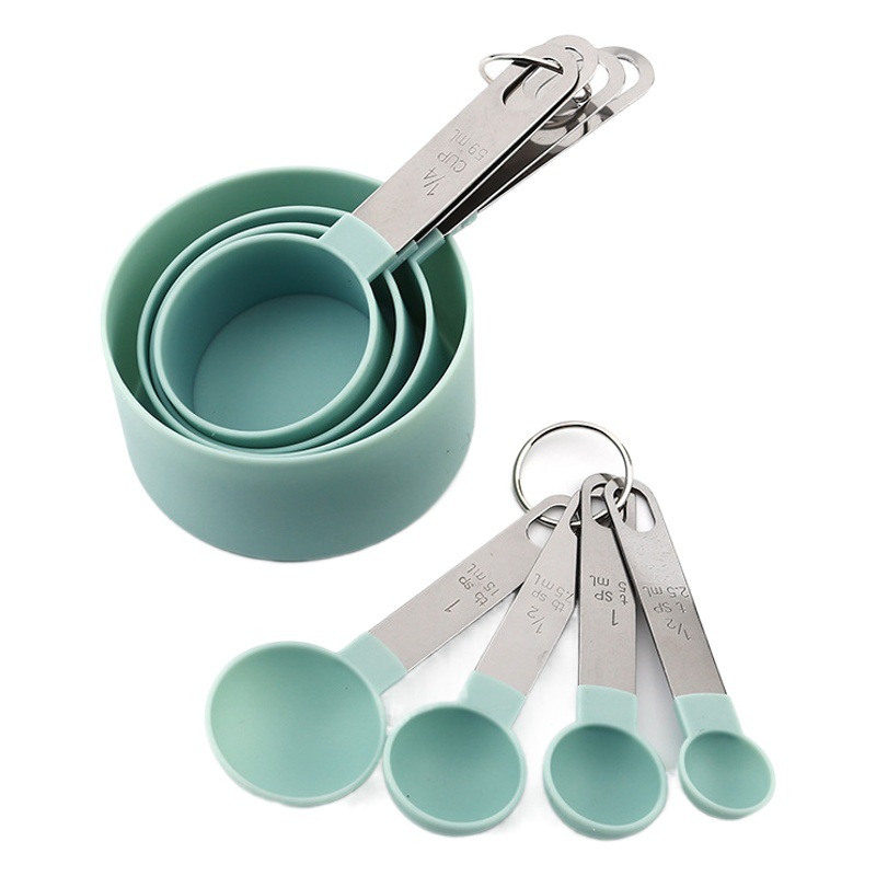 Taza medidora de acero inoxidable cuchara medidora traje plástico mango de acero inoxidable cuchara medidora Juego de 8 piezas combinación con herramienta para hornear a escala