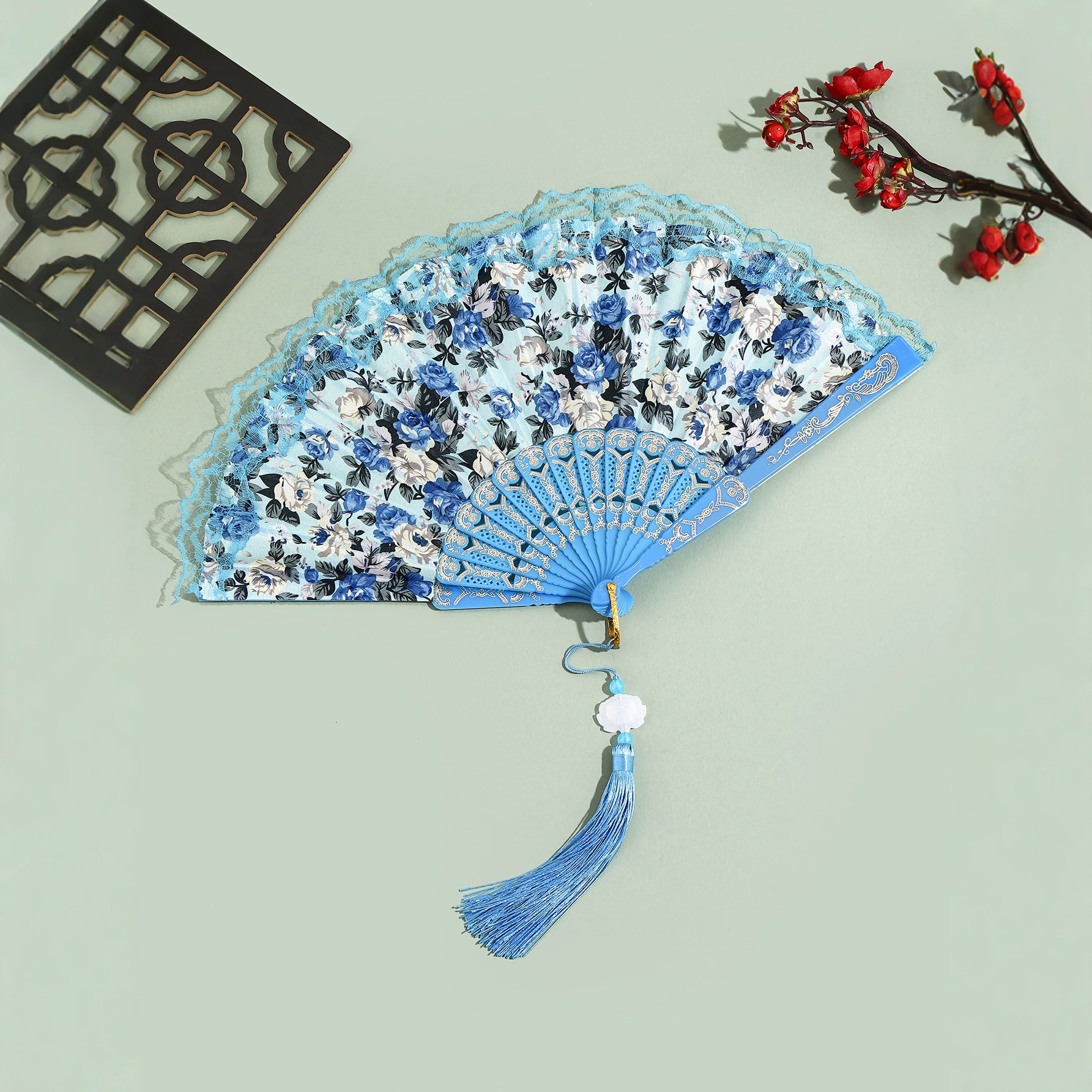 Abanico Plegable de Algodón con Borlas y Encaje para Decoración image 4