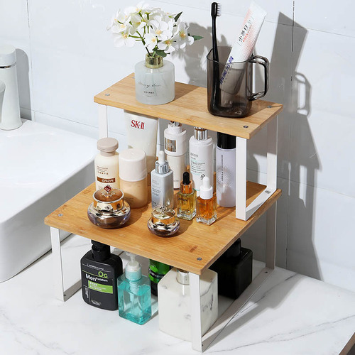 Layered Bamboo Storage Shelf for Kitchen and Bathroom Countertop, Metal Spice Bottle Organizer for Desktop