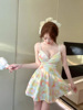 Cross V-neck suspender covers the belly and slims down， with a waist cinched hem and a nightclub base dress