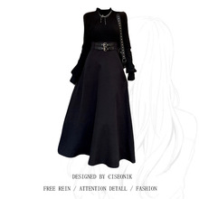 大码赫本风气质内搭长袖连衣裙女秋胖妹妹高领拼接显瘦收腰小黑裙