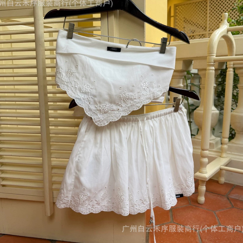 La【Shenzhen Nanyou】26 New Style Hollow-Out White Cotton-Linen Grape Lace Embroidered Shirt + Tube Top + Puffy Skirt