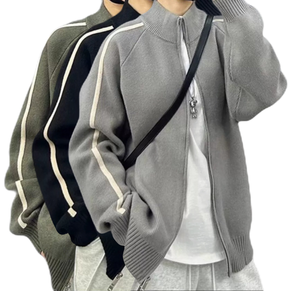 Explosiones transfronterizas de tamaño grande europeo a rayas cardigan suéter de punto chaqueta de hombre chaqueta de doble cremallera fábrica de marea al por mayor