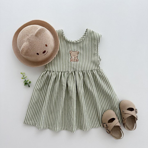 Korean version Ins children's dress summer girl's waistcoat small bear striped backless dress for young children princess dress