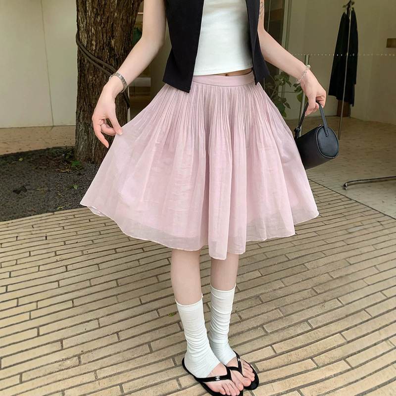 Pink Sweet Youthful Ballet Pleated Puffy Skirt Women's Summer New High-Waisted A-Line Midi Skirt Pink Sweet Youthful Ballet Pleated Puffy Skirt Women's Summer New High-Waisted A-Line Midi Skirt