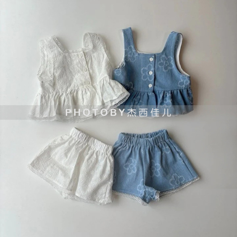Girls Solid Color suit Summer New Women's Lightweight Comfortable All-match Sleeveless Denim Shorts Korean-style Two-piece Set