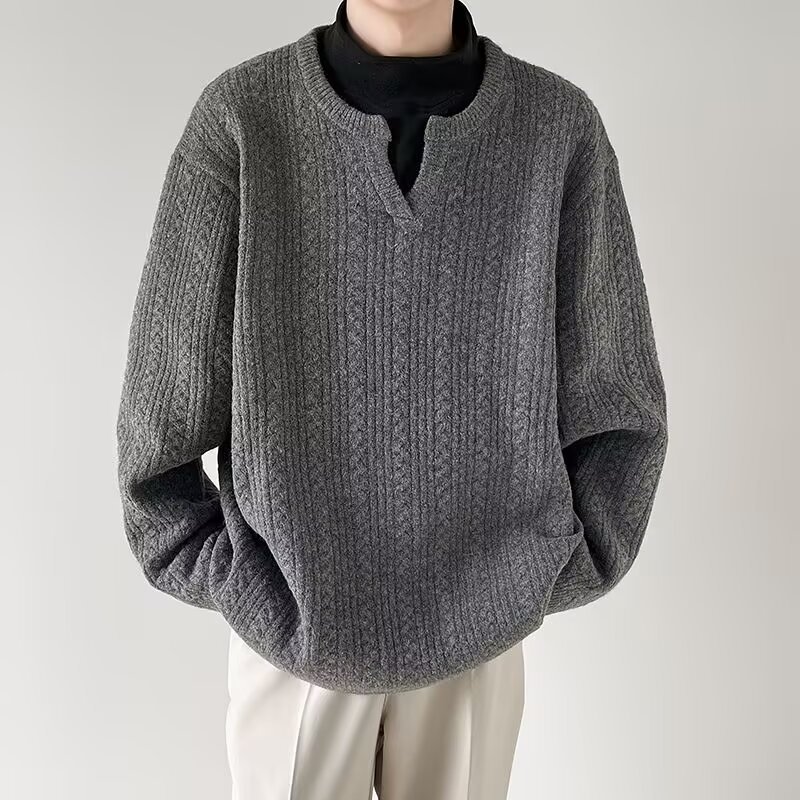 Pull en tricot à col en v pour homme en mélange coton hiver_voghion.com