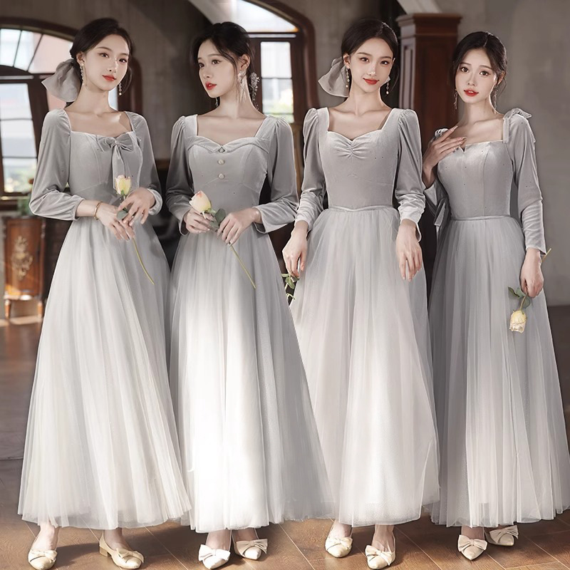 Bridesmaid Dress Summer Style 2026 Wedding Velvet Evening Gown Sister Dress Long-Sleeve Warm High-End Bridesmaid Group Performance Outfit