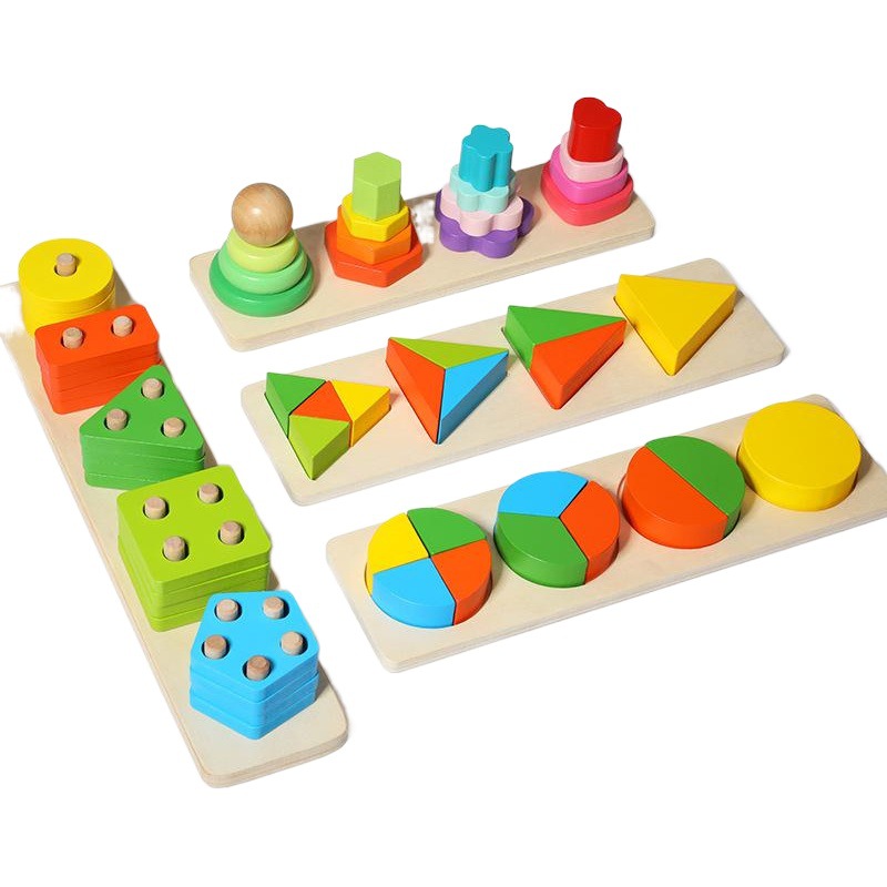 Juego educativo de aprendizaje temprano de madera con columnas para bebés, tablero de inteligencia geométrica, bloques de construcción de formas a juego, juguetes de ayuda para la enseñanza para la iluminación de la primera infancia. image 1