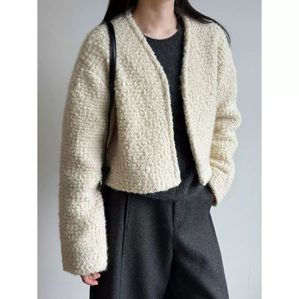 鹿西 时尚羊毛外套女2025秋冬新款暗门襟小香风毛呢短款上衣99003