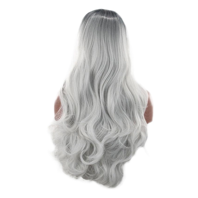 Moda europea y americana anime peluca color resaltar negro gris gradiente Harajuku peluca cos mujer largo pelo rizado en stock venta al por mayor