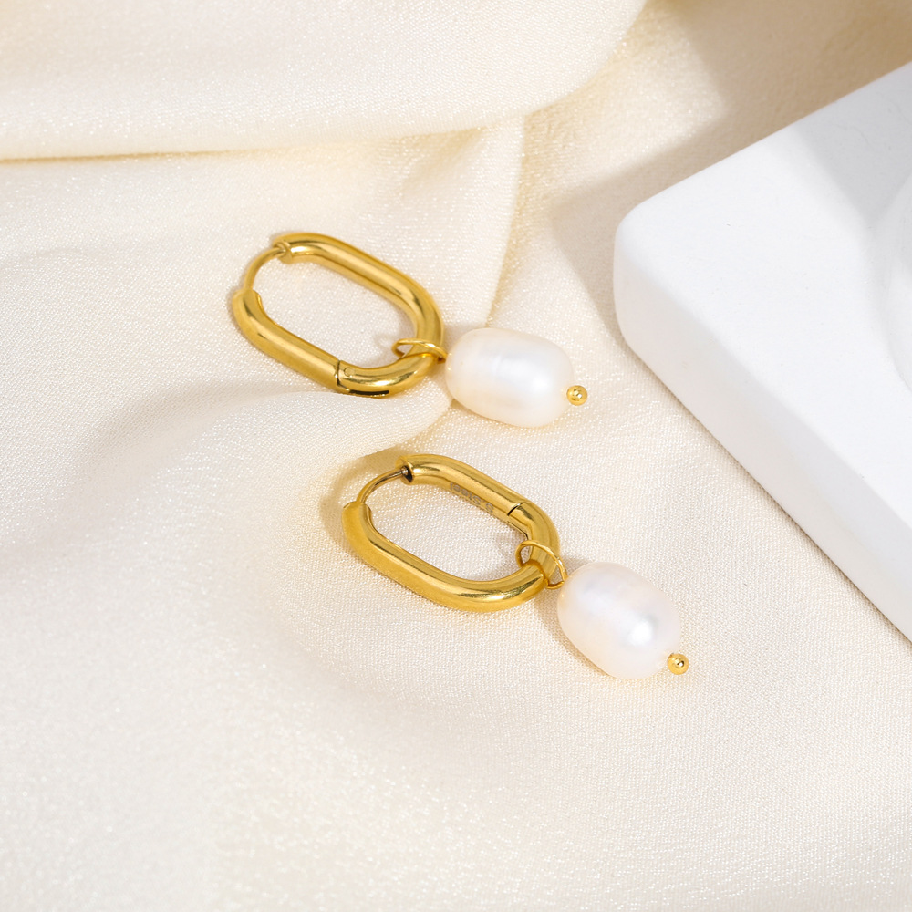 Daily, Date Occasion 201 Stainless Steel, Freshwater Pearl Material PVD Coated Real Gold Plated 18K Gold U Shape 201 Stainless Steel Freshwater Pearl Elegant Waterproof Non Tarnish Drop Earrings