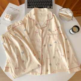 春秋新款仿棉180g开衫翻领可爱睡衣女红爱心甜美卡通家居服女套装