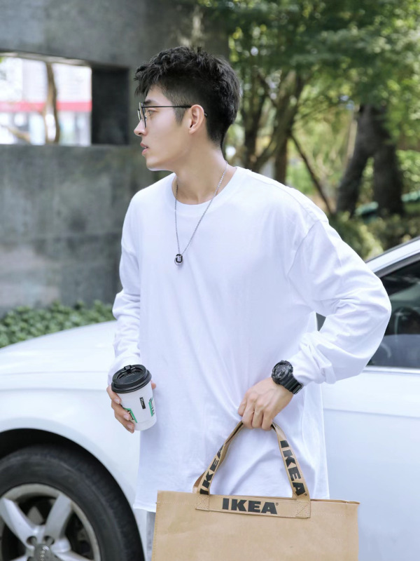 美式重磅纯色长袖T恤男士宽松纯棉青少年白色情侣内搭上衣打底衫|undefined