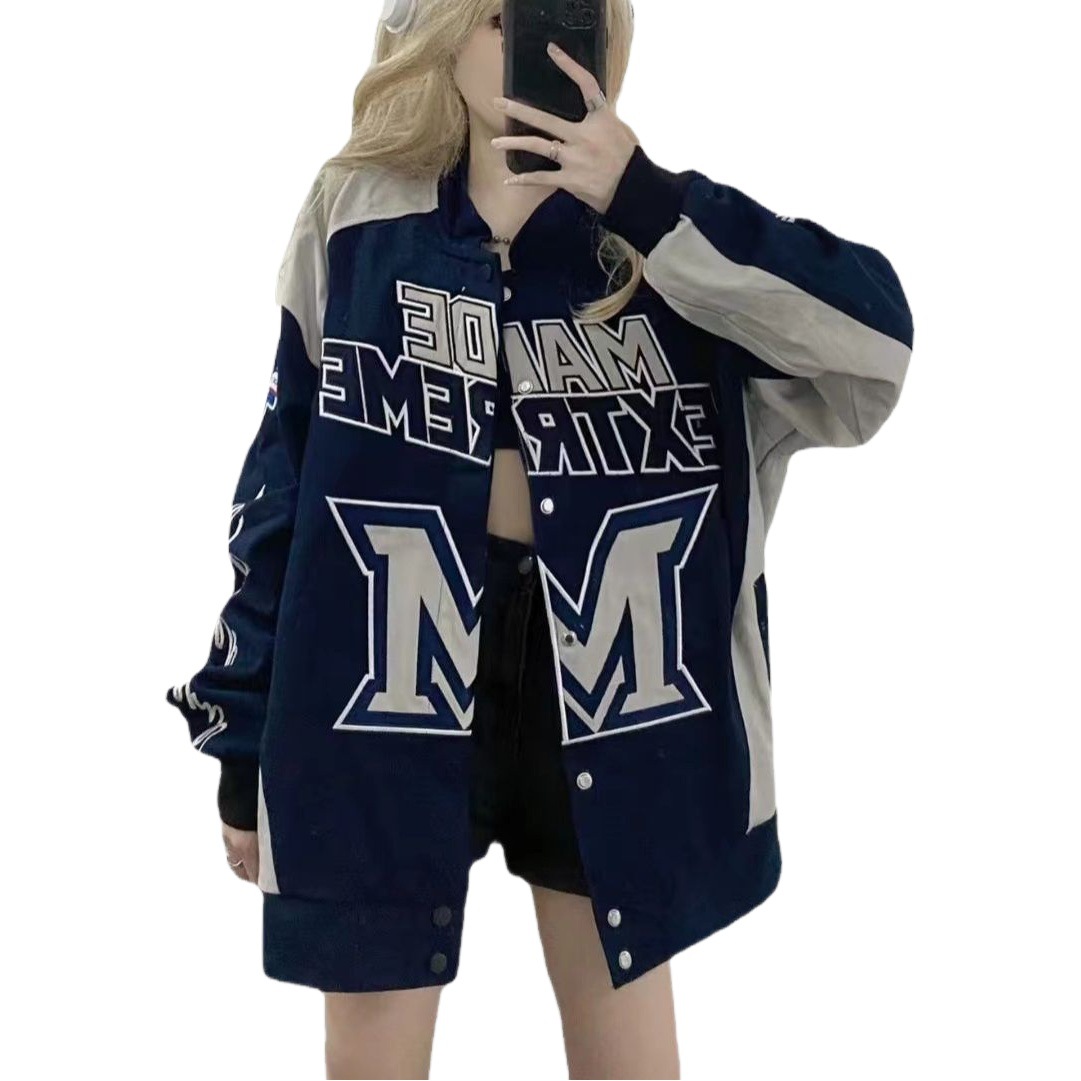 American retro Street High Street Heavy Industry Racing motocicleta chaqueta retro color matching letters hombres y mujeres de la moda nacional chaqueta suelta