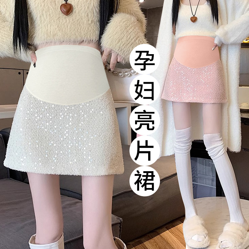 Maternity clothing autumn and winter new pregnant women skirt fashion casual sequined skirt high waist hip anti-glare A- line skirt