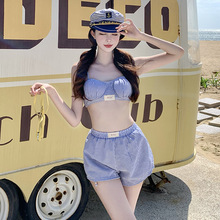 新款时尚蓝白条纹高级感甜美海军风分体泳衣高腰短裤比基尼三件套