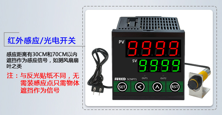 Measuring motor tachometer, speed sensor, display meter, speed controller, alarm, photoelectric sensor, gear motor