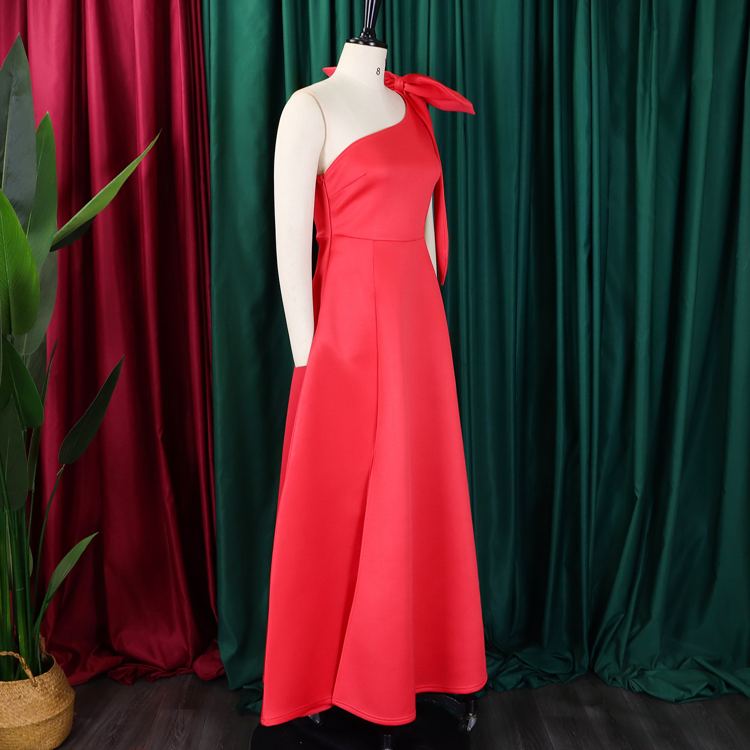 Women's One Shoulder Red Evening Dress With Bow, Elegant A-Line Maxi Gown For Wedding Guest, Prom & Formal Party_ecoleips.com