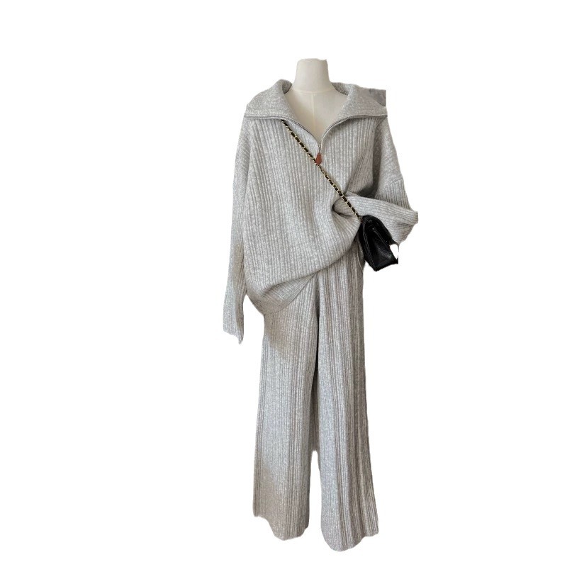 Damenbekleidung Lässiger Sportanzug im Lazy-Stil für Damen, Herbst- und Wintermode, hochwertiger Strickpullover, Hose mit weitem Bein, zweiteiliger Anzug, trendig_voghion.com