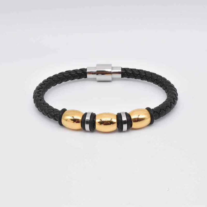 Men's Leather Woven Titanium Steel Gold Bracelet