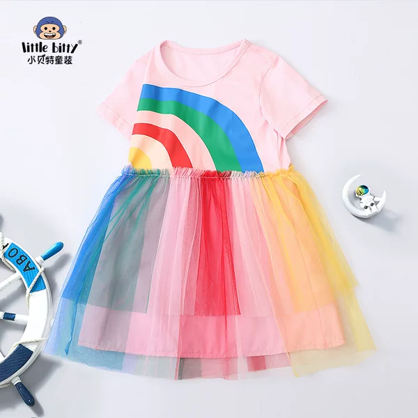 Summer New Girls' European and American Style Colorful Gauze Dress, Children's Mesh Princess Dress, Cute Round Neck Children's Clothing for Summer